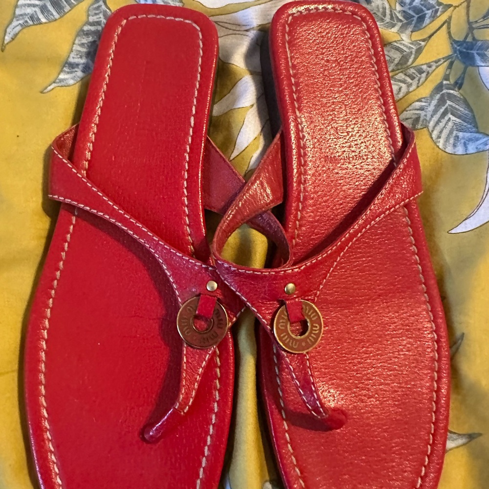 Miu Miu Red Leather Sandals with Bow Detail